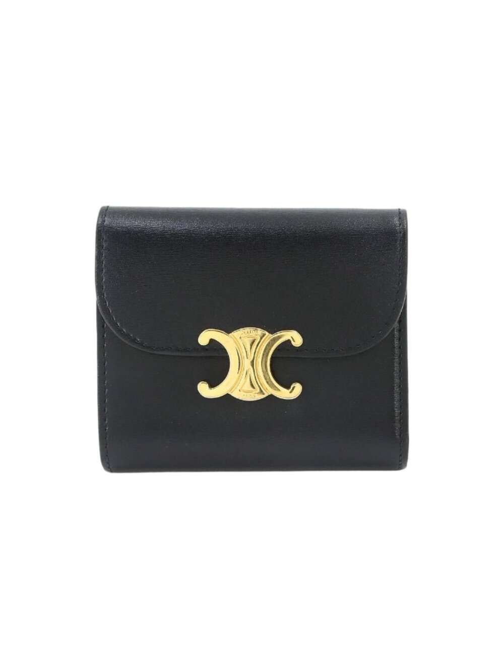 Celine Triomphe Compact Wallet Trifold Leather Black Gold